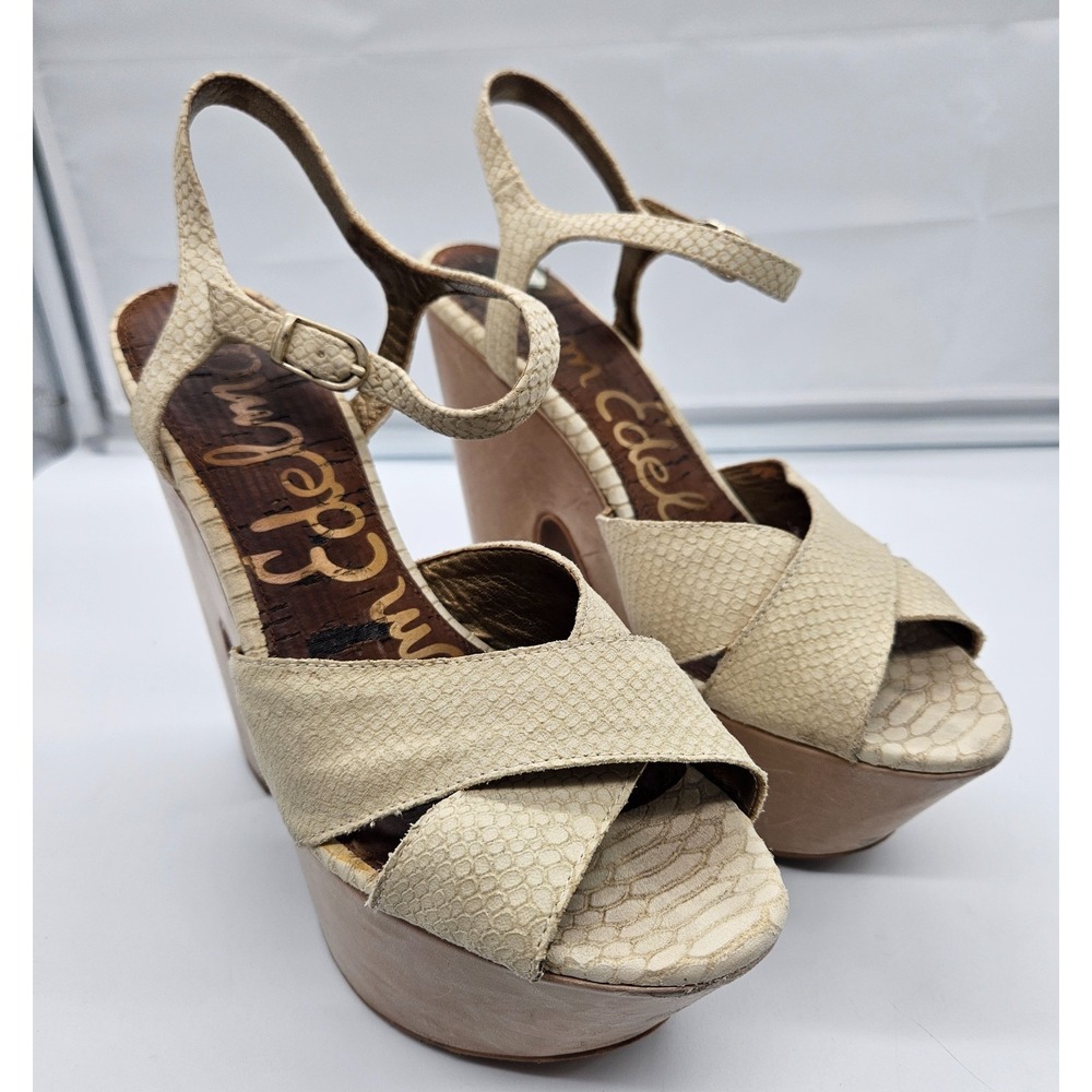 Sam Edelman Cream Snakeskin Embossed Platform Sandals Block Heel Buckle Strap